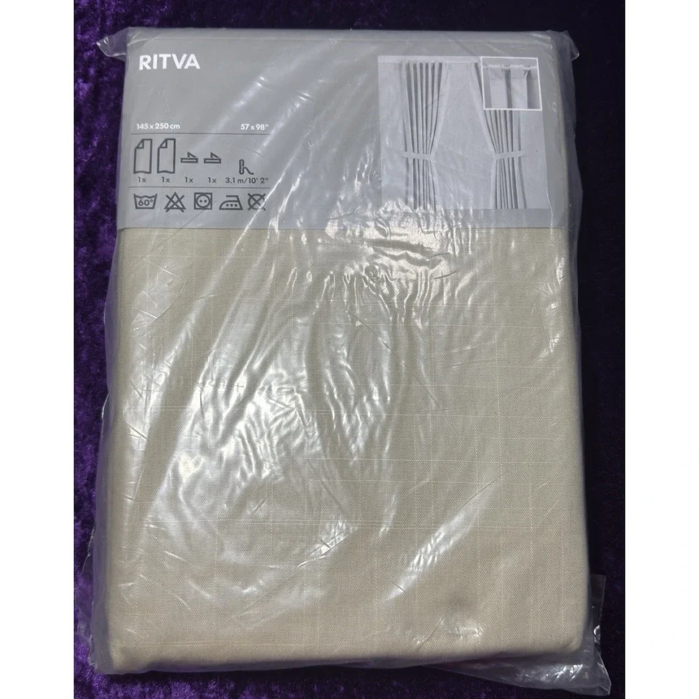 Ikea Ritva Curtain Panels Beige Tab Top Tie Backs 57 x 98